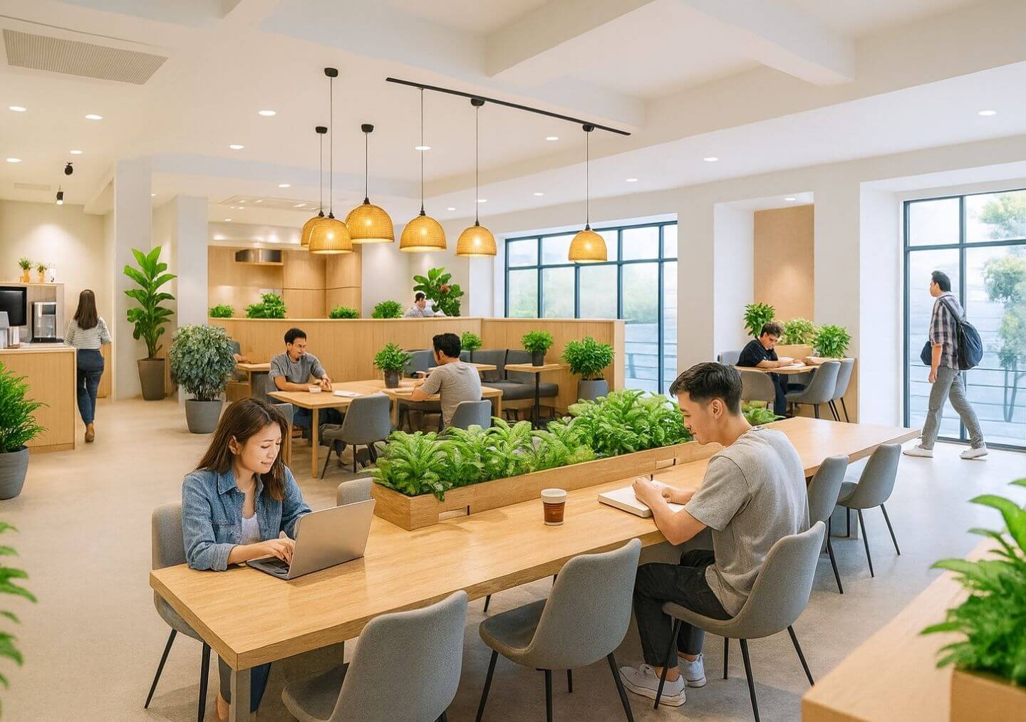 24時間365日利用可能な自習室は、Wi-Fiやフリードリンクも完備